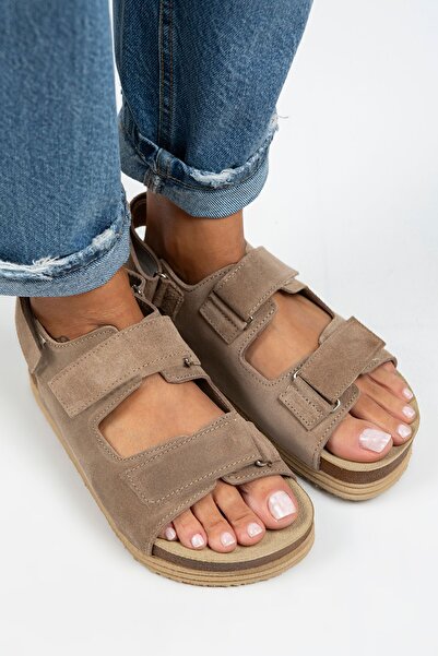 Manijero Emilia Women's Genuine Leather Double Velcro Mink Sandals