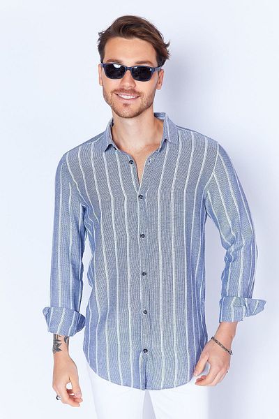 Manche Navy Blue Men's Shirt - Straw Linen Striped, Cotton MES114098-01