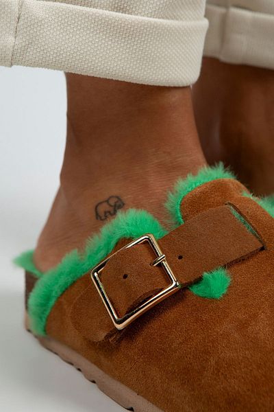 Manijero Zeta Furry Women's Genuine Leather Belted Buckle Colorful Furry Tan Green Slippers