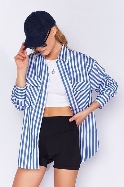 Manche Comfortable Oversize Women's Shirt - Thick Stripes, Pockets, Cotton Satin Texture |   Saks Mks 167177 -01