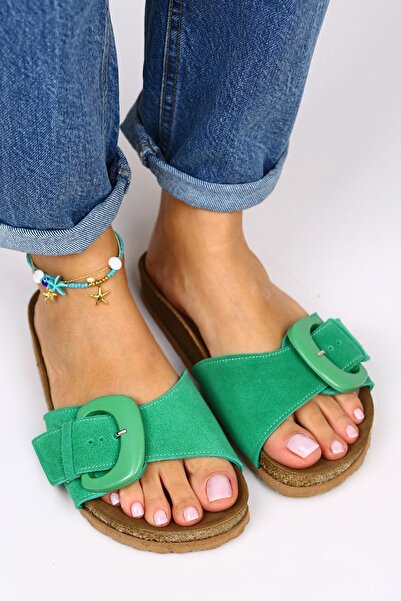 Manijero Alandra Women's Genuine Leather Green Slippers