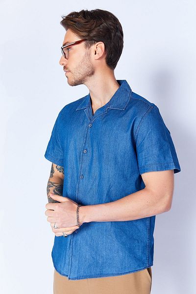 Manche Navy Blue Apache Collar Denim Jean Shirt - Short Sleeve MES128113-01