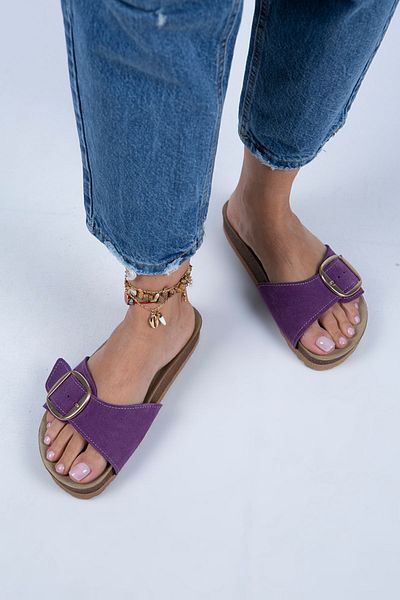 Manijero Jade femei din piele naturală cu o singură cataramă violet piele intoarsa - papuci aurii