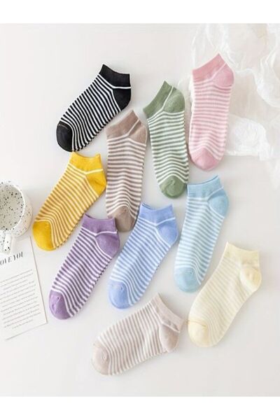 Sky Socks 10'lu Çizgili Renkli Patik Ekonomik Paket Unisex Kısa Spor Sneakers Çorap