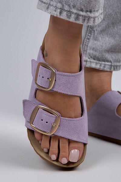 Manijero Irene Women's Genuine Leather Double Buckle Lilac - Gold Slippers
