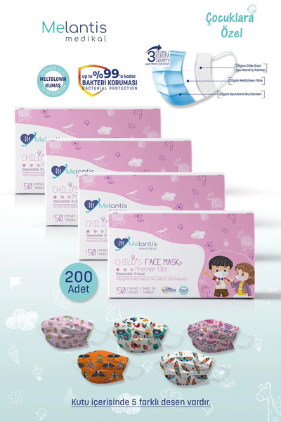 Melantis Meltblownlu 3 Katlı Telli Cerrahi Maske Kız Çocuk 4 Kutu = 200 Adet ...