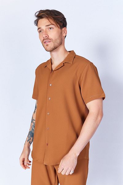 Manche Flexible Ottoman Texture - Apricot Collar Short Sleeve Men's Shirt| Coffee MJS117839-01