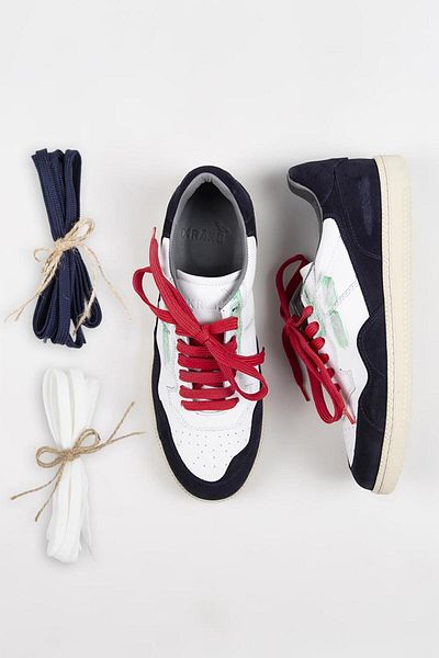 Krahe Artemis Men's Sneakers - Genuine Leather, Hand Painted, Laces and Spare Laces, White-navy