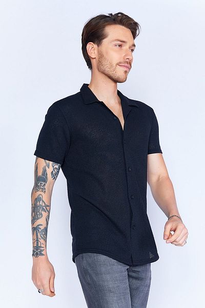 Manche Men's Short Sleeve Knitwear Shirt - Krose Apache Collar, Black MJS118927-01