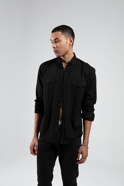Manche Black Men's Double Pocket Cover Slim Fit 100% Cotton Shirt