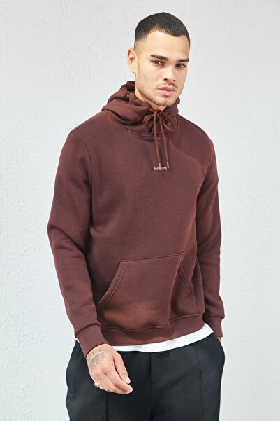 Manche Kapüşonlu Basic Minimal Baskılı Sweat Kahve
