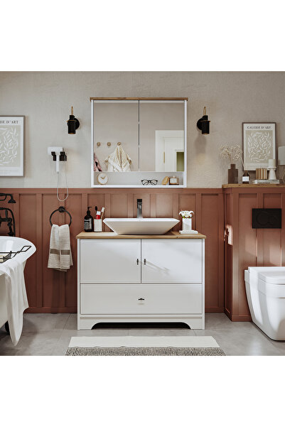 ROOMART Lavabolu Mat Beyaz Mdf 100 Cm Çekmeceli Banyo Dolabı + Aynalı Üst Dolabı