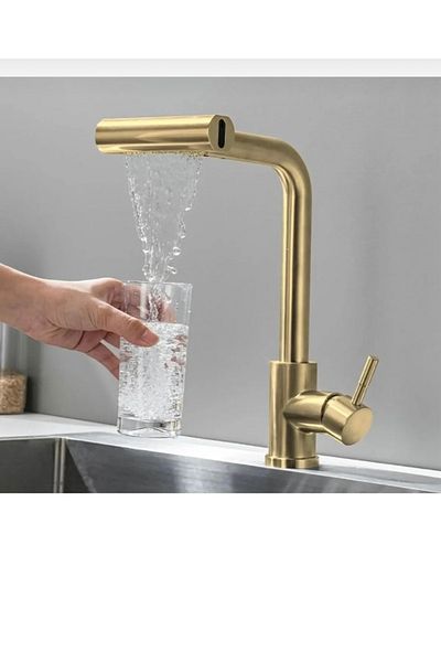 İSAOĞLU YAPI Matte Gold Spiral - Kitchen Faucet with Waterfall Flow Function