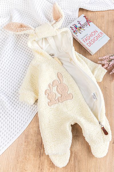 Babymod Welsoft Plush Winter Rabbit Embroidered Hooded Baby Jumpsuit