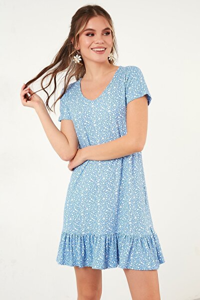 Lela Çiçekli Yuvarlak Yaka Fırfır Detaylı Mini Elbise Bayan Elbise