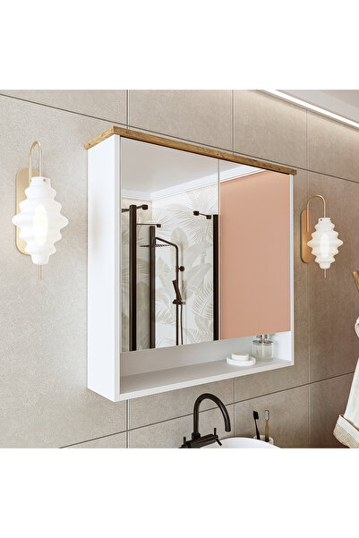 ROOMART Banos Banyo Kulpsuz 2 Kapaklı Mat Beyaz Mdf 82 Cm Aynalı Banyo Üst Dolabı
