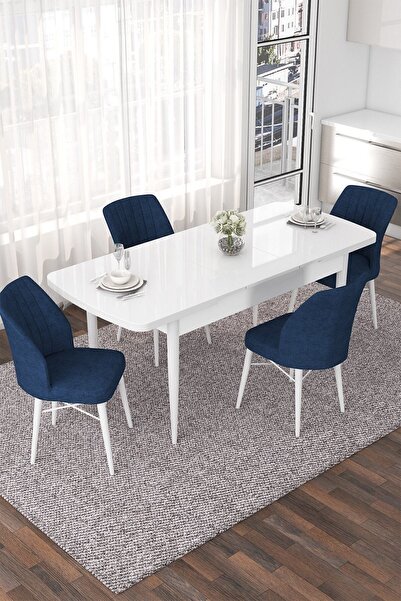 Canisa Nef Serisi 70x114 Açılabilir Mdf Beyaz Mutfak Masası Takımı Ve 4 Lacivert Sandalye