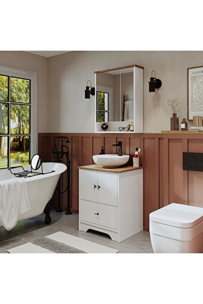 ROOMART Ayaklı 2 Kapaklı Lavabolu Mat Beyaz Mdf 60 Cm Çekmeceli Banyo Dolabı Aynalı Üst Dolabı