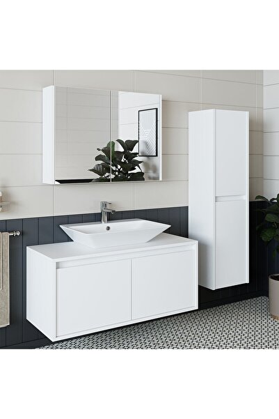ROOMART Banos Banyo Lavabolu Mat Beyaz Mdf 100cm Banyo Dolabı+aynalı Banyo Üst Dolap+Banyo Boy Dolap