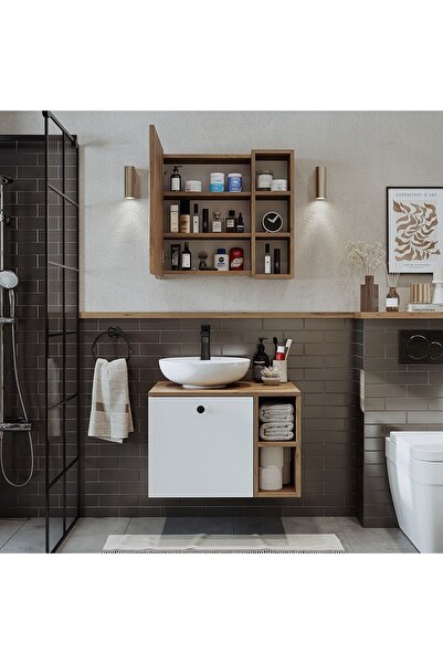 ROOMART Lavabolu Mdf 65 Cm Lotus Çekmeceli Banyo Dolabı + Aynalı Üst Dolabı
