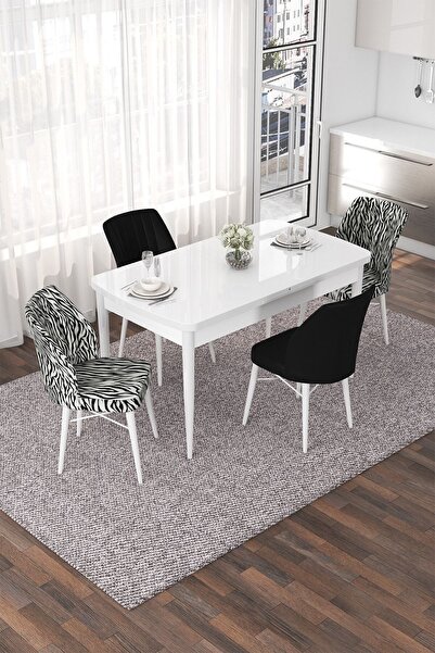 Canisa Nef Serisi 70x114 Açılabilir Mdf Beyaz Masa Takımı 2 Zebra Desen Ve 2 ...