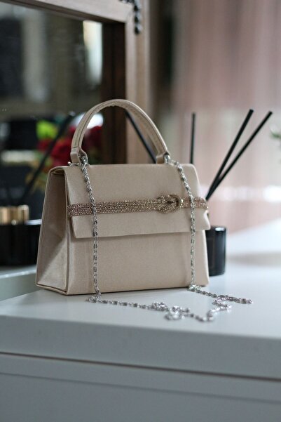 Moom Bag Women's Satin Beige Stone Stripe Detailed Evening Shoulder Bag