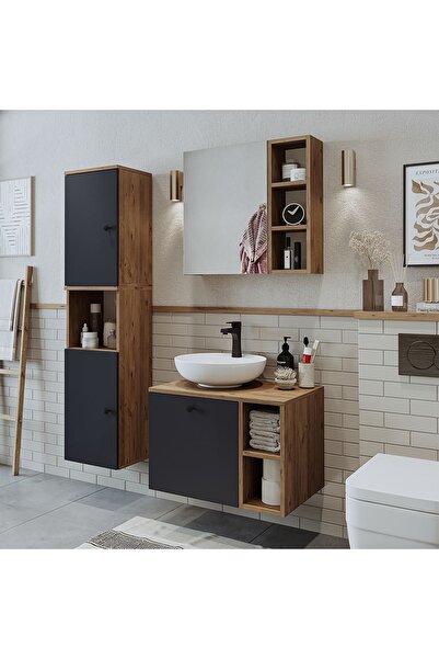 ROOMART Lavabolu Mdf 65 Cm Lotus Çekmeceli Banyo Dolabı + Aynalı Üst Dolabı +...