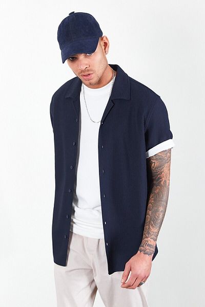 Manche Men's Ottoman Navy Blue Apaj Collar Knitted Shirt - Mes115882-01