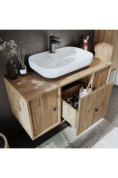 ROOMART Ayaksız Oval Lavabolu Mdf 105 Cm Çekmeceli Banyo Dolabı