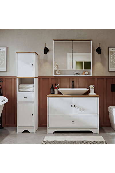 ROOMART Lavabolu Mat Beyaz Mdf 100 Cm Çekmeceli Banyo Dolabı + Aynalı Üst Dolabı + Boy Dolabı