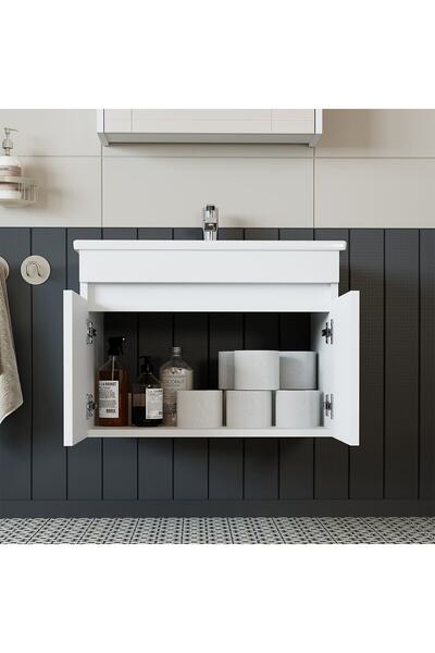 banos Roomart Ld3 Ayaksız 2 Kapaklı Lavabolu Beyaz Mdf 65 Cm Banyo Dolabı