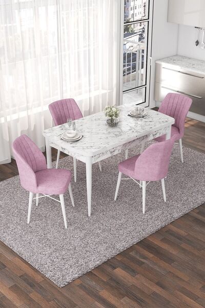 Canisa Nef Serisi 70x114 Açılabilir Mdf Beyaz Mermer Desen Masa Takımı Ve 4 P...