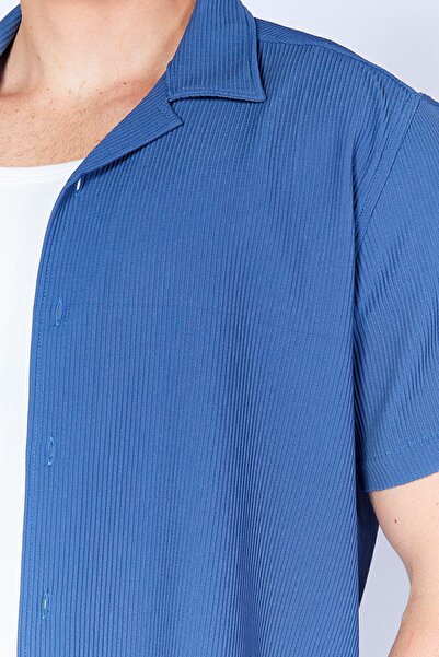 MAN EDITION Еластична сорочка для чоловіків з індіго з османською фактурою - комір-стійка, короткий рукав | Ee100117839-7839