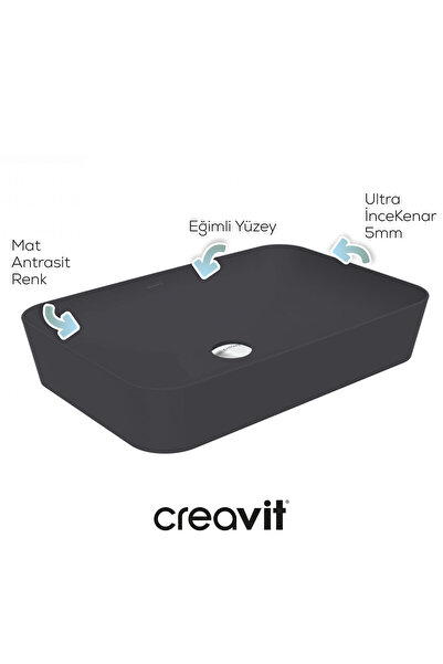 Creavit Ultra Dikdörtgen Çanak Lavabo 60 cm Mat Antrasit