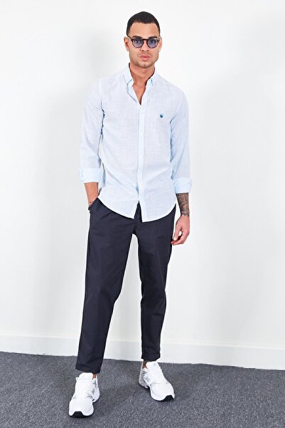 Manche Férfi lenvászon ing - kék hímzés, hatás Mes116488-01