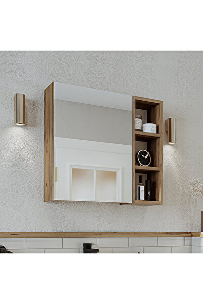 ROOMART Banyo Dolabı Kulpsuz Tek Kapaklı Atlantik Çam Mdf 65 Cm Aynalı Banyo Üst Dolabı