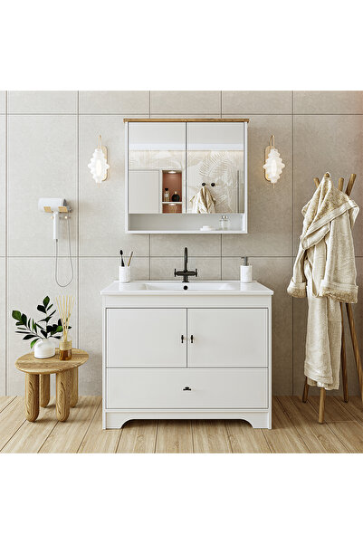 ROOMART Lavabolu Mat Beyaz Mdf 100 Cm Çekmeceli Banyo Dolabı Aynalı Üst Dolabı