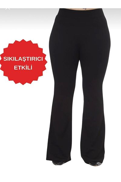SOSYETE AVM Black Large Size Flare Leg Steel Knitted Fabric Recovery Leggings Trousers