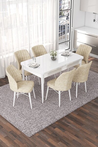 Canisa Nef Serisi 70x114 Açılabilir Mdf Beyaz Mermer Desen Masa Takımı Ve 6 K...