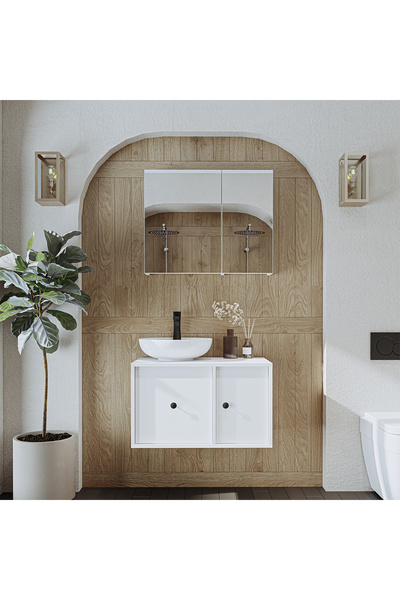 ROOMART Lavabolu Mat Mdf 75 Cm Çekmeceli Banyo Dolabı + Aynalı Üst Dolabı