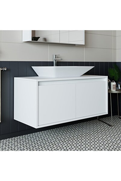 ROOMART Banos Banyo Ld7 Ayaksız 2 Kapaklı Lavabolu Mat Beyaz Mdf 100 Cm Banyo Dolabı