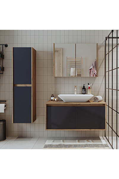 ROOMART Roomarttm7.3 Lavabolu Ahşap-antrasit Mdf 100cm Banyo Dolabı+aynalı Banyo Üst Dolabı+banyo Boy Dolabı