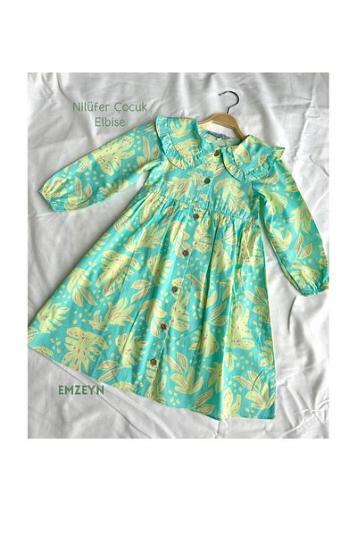 EMZEYN Water Green Yellow Floral Patterned Cotton Baby Collar Children's Dress