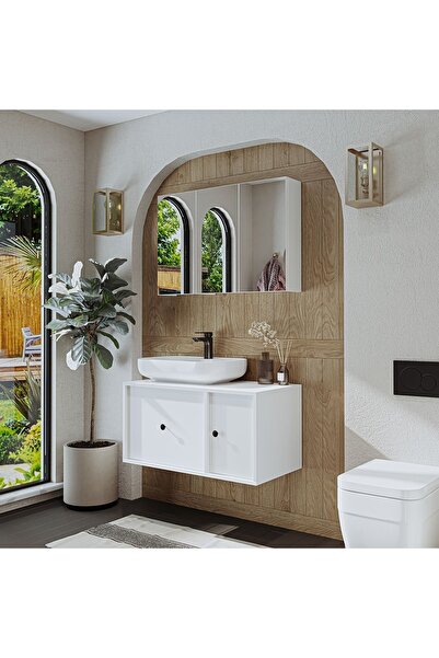 ROOMART Oval Lavabolu Mat Mdf 90 Cm Çekmeceli Banyo Dolabı + Aynalı Üst Dolabı