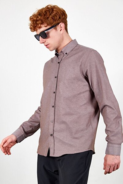 MAN EDITION Мъжка риза Оксфорд - лесно гладене, стандартна кройка, кафяв цвят| Ee255008-7504