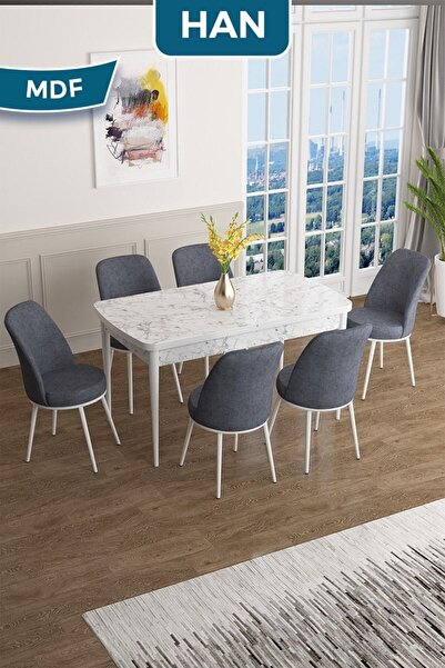 Canisa Han Serisi, 70x114 Açılabilir Mdf Masa Takımı, Beyaz Mermer Desen Masa...