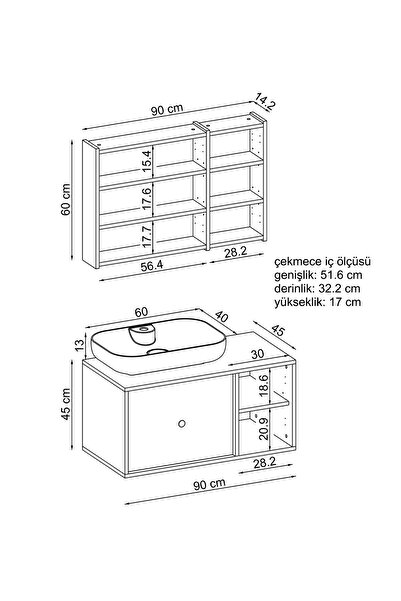 ROOMART Oval Lavabolu Mat Mdf 90 Cm Çekmeceli Banyo Dolabı + Aynalı Üst Dolabı