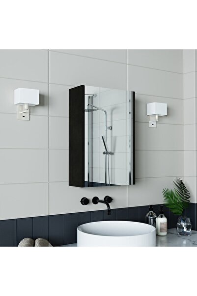 ROOMART Banos Banyo Kulpsuz Tek Kapaklı Ahşap Siyah 40 Cm Aynalı Banyo Üst Dolabı
