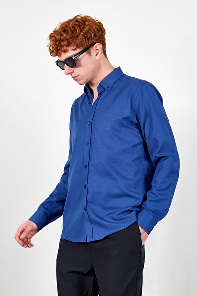 MAN EDITION قميص أكسفورد رجالي من Indigo - سهل الكي، قصة عادية| يي255008-7504