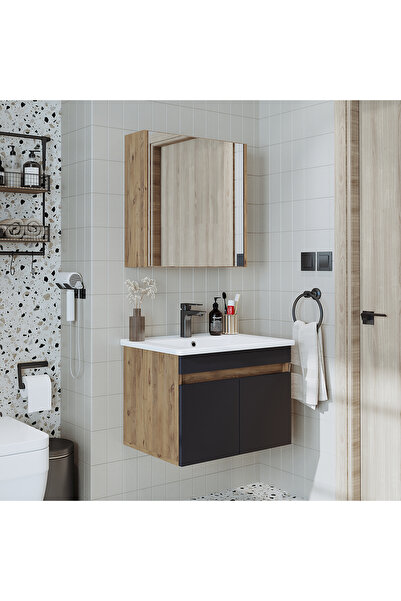 ROOMART '' Lavabolu '' Atlantik - Antrasit Mat Mdf 65 Cm Alt Dolap Aynalı Üst...